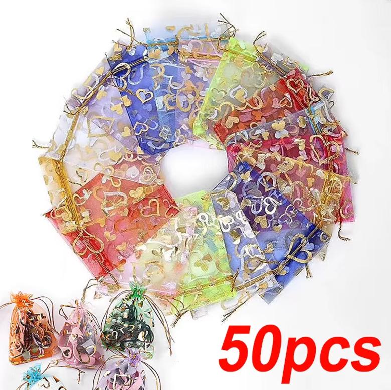 

50Pcs 7x9cm Hearts Pattern Colors Organza Jewelry Bags with Drawstring for Christmas Candy Jewelry Party Wedding Favor Gift Bag 7x9cm