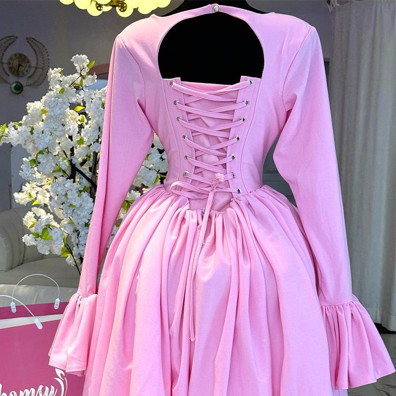 2025 Spring Elegant A-Line Dress: Women's High Waist, Long Sleeve Round Neck with Tie Detail