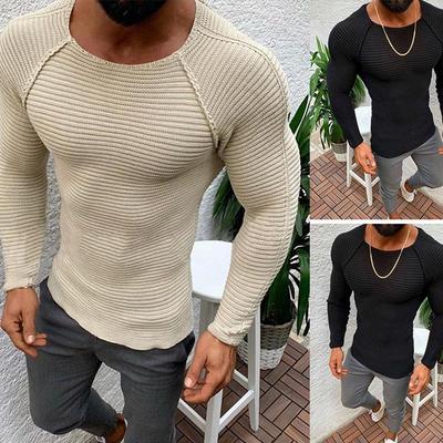 Men's Slim Fit Long Sleeve Knit Sweater - Solid Color, Casual European & American Style