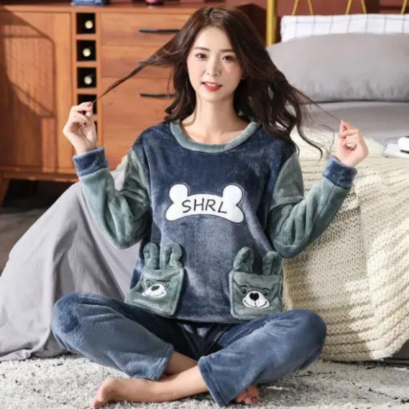 Unisex Flanel Gecelik Yeni Kadın Erkek Kış Sıcak Polar Çiftler Pijama Takımı Aşıklar Gecelik Sevimli Karikatür Pijama Ev Giyim