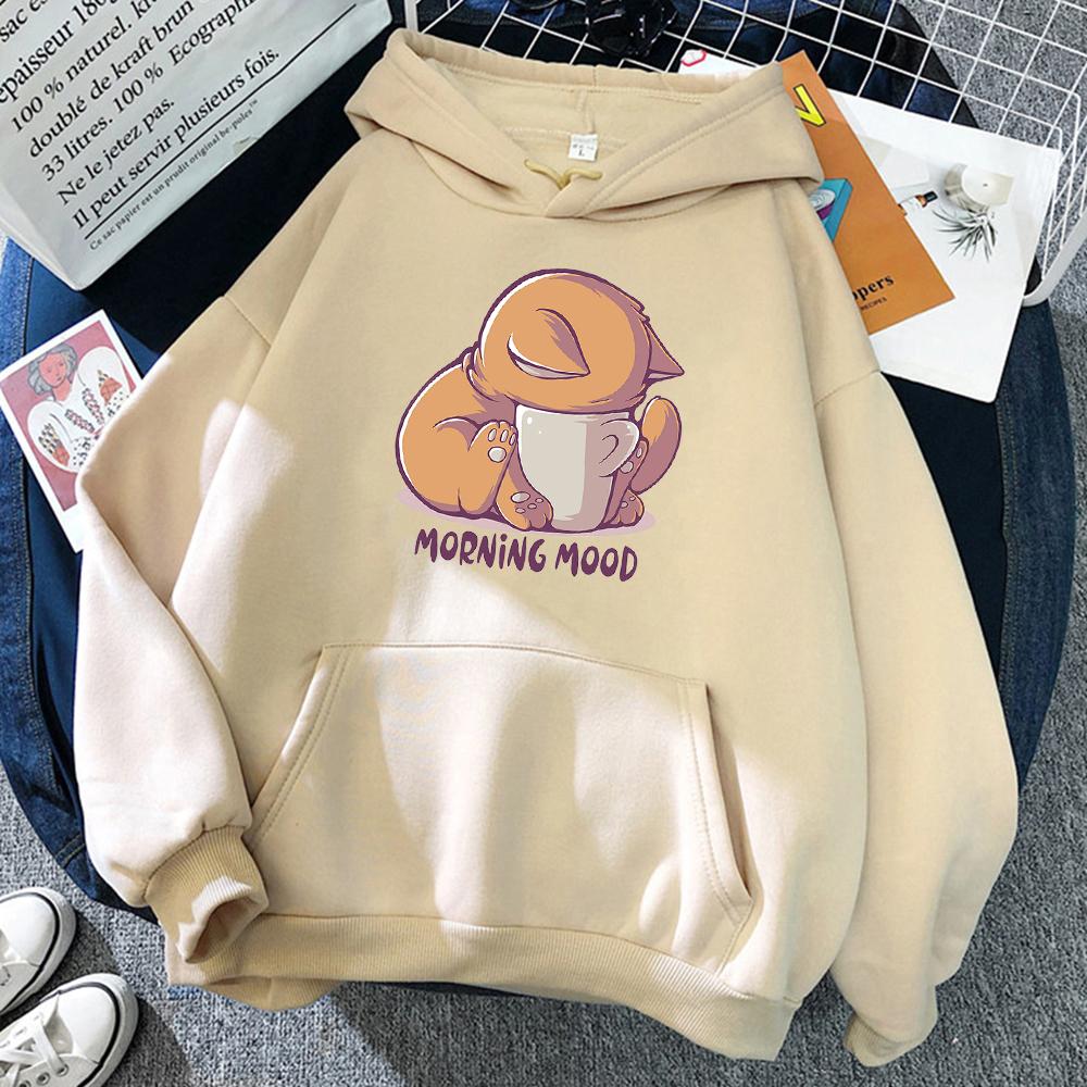Cat Is Looking At The Cup Lovely Women Hoody Cartoons Street Pullover Loose Casual Hoodies Fleece Oversized Sweatshirt Women