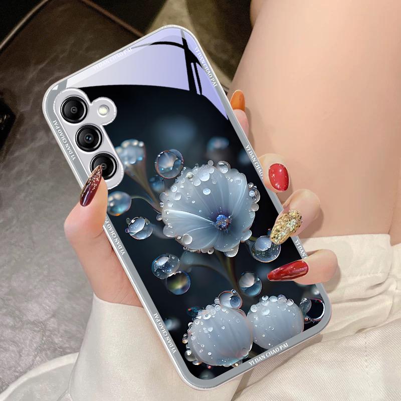 Dewdrop Flower White For Samsung Galaxy A14 4G 20 30 52 20S 21S 22 A32 33 34 42 50 51 53 54 70 71 72 73 5G Glass Phone Case