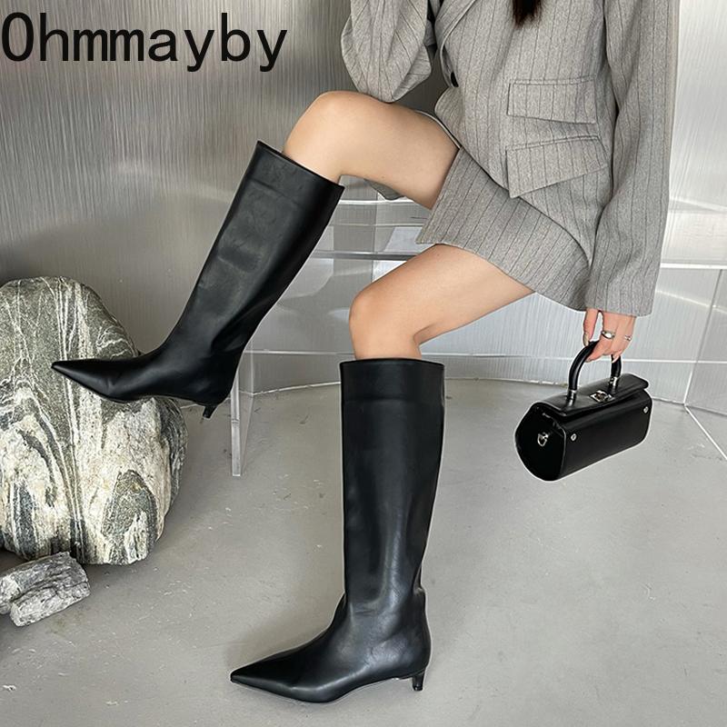 Autumn Winter Street Style Low Heels Pointed Toe Women Knee High Boots Elegant Party Prom Ladies Long Booties
