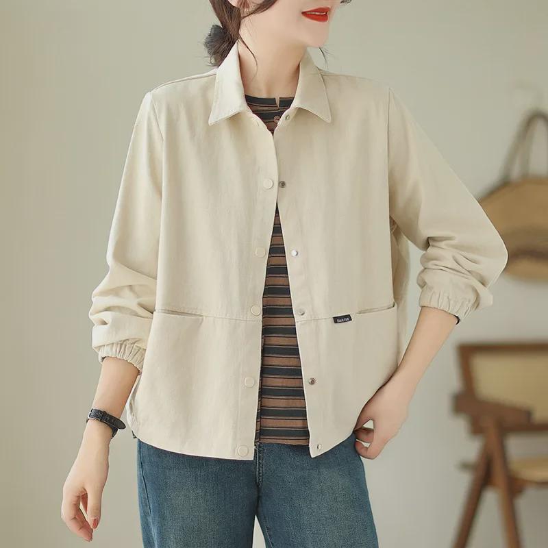 2023 Women's Korean Style Pure Cotton Casual Lapel Jacket - Long-Sleeved, Slim Fit, Solid Color for Autumn