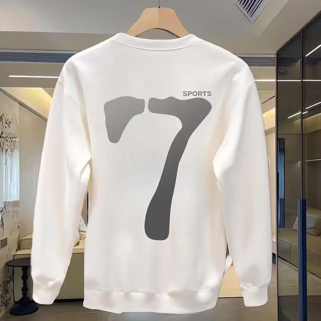 Herren Schweres Baumwoll-Sweatshirt - Koreanischer Stil, Langärmlig, Rundhalsausschnitt, Persönlichkeitszahl 7, Perfekt für Herbst und Winter