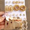 Hot-selling Retro Exaggerated Women's Peach Heart Stud Earrings Twist Twisted Pearl Earrings 11-piece Set of Earrings