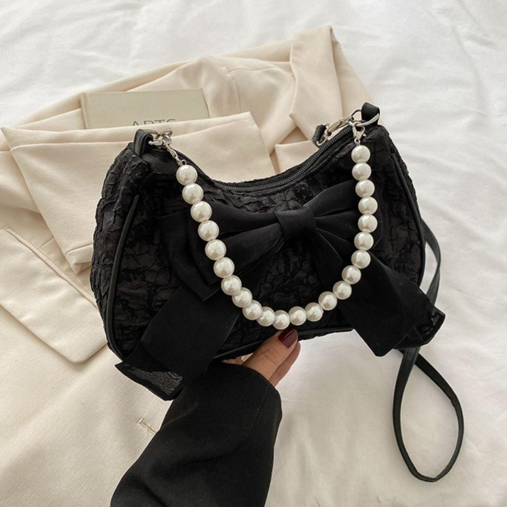 

Pearl Bow Underarm Bag Korean Style Small Square Bag Fashion Bow Shoulder Bag Party чёрный
