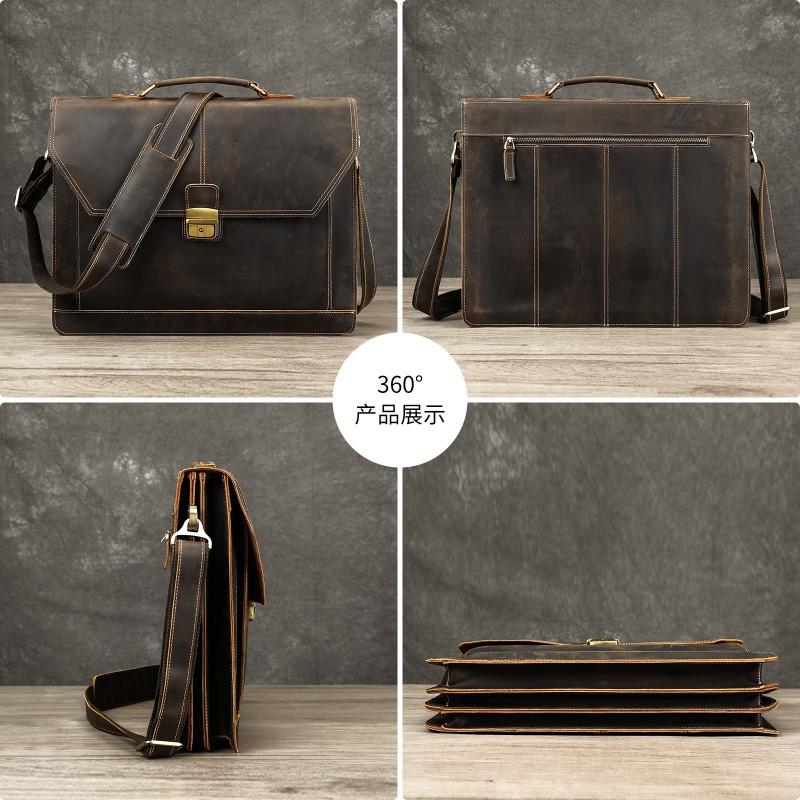 Genuine Leather Retro Men's Business Briefcase Crazy Horse Large Capacity Lock Anti-theft Computer Bag Handbag Men