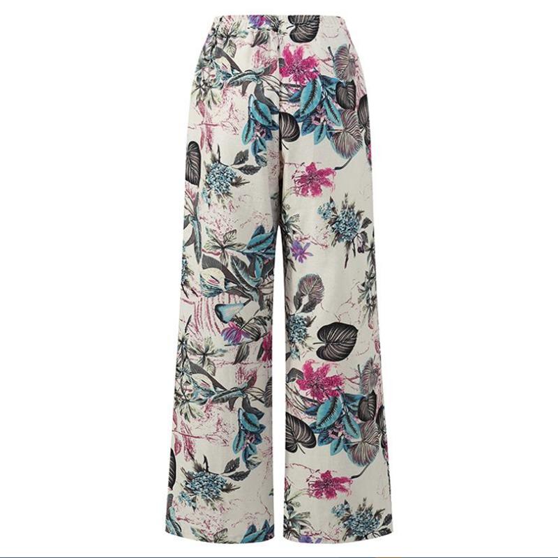 Pantaloni cu imprimeu floral Pantaloni largi din bumbac cu talie inalta