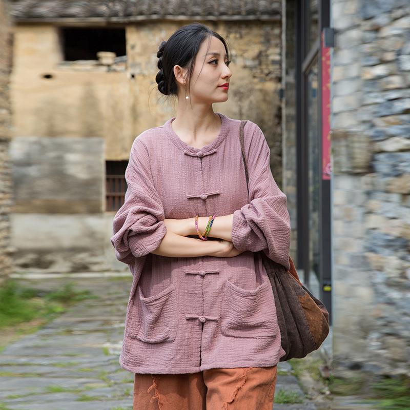 Johnature Women Vintage Shirts Tops O-Neck Bat Sleeve Blouses Patchwork Pockets Loose Button Shirts