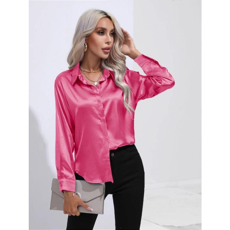 Camisa de mujer de primavera y otoño, blusa de manga corta de satén de Color sólido, camisa con hombros descubiertos