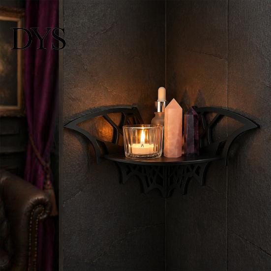 Crystal Holder Shelf Halloween Bat Corner Shelf, Decorative Wooden Wall Mount Display Shaped Spiderweb Design Gothic Floating Rack for Home, Bedroom,
