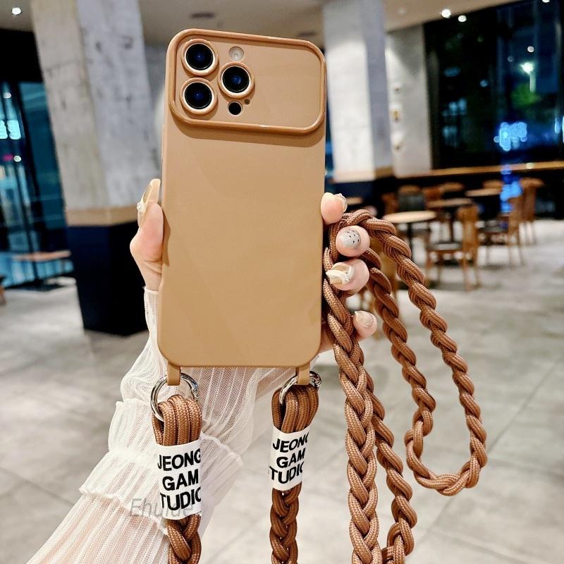 Candy Cute Lanyard Case For iPhone 16 Pro Max 12 11 13 15 14 Pro Shockproof Solid Braid Crossbody Neck Cord Strap Soft Cover