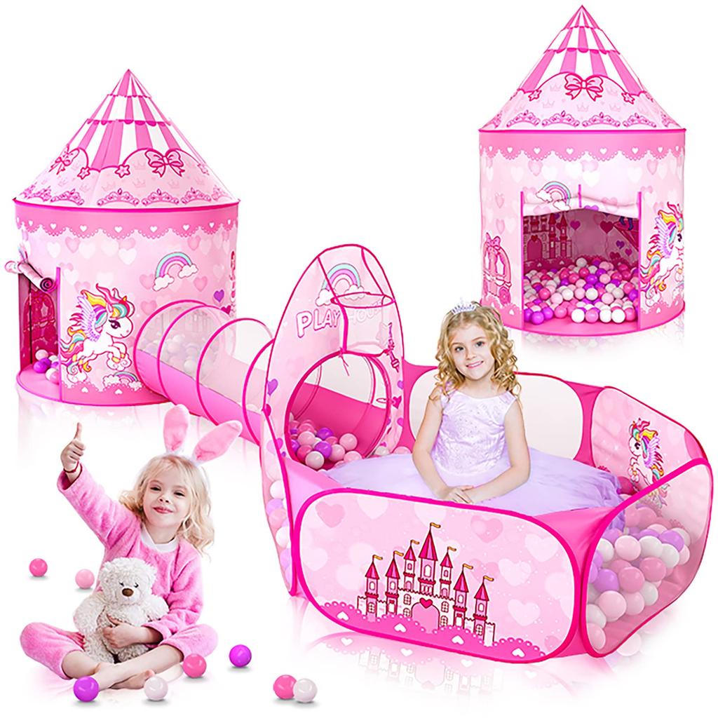 Stylish Kids' Tent with 3-in-1 Ball Pool, Indoor Play Set for Girls, 3-Piece Set with Princess Ball House, Tunnel, and Basket Net, Foldable,