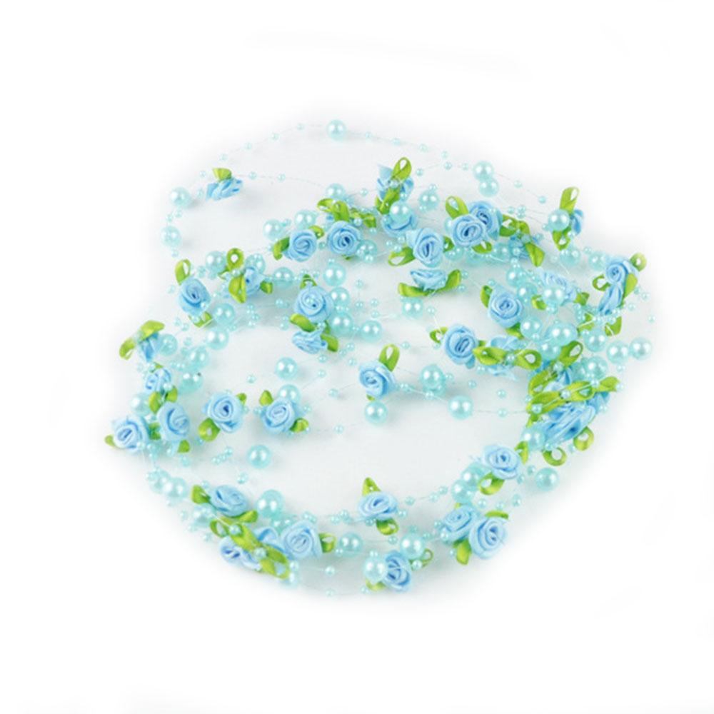 

14.7FT Artificial Green Leaf Rose Flower Pearl String Beads Garland Finishing Line Bead Chain Bride Bouquet Flowers Party Decor 5 Yards синий