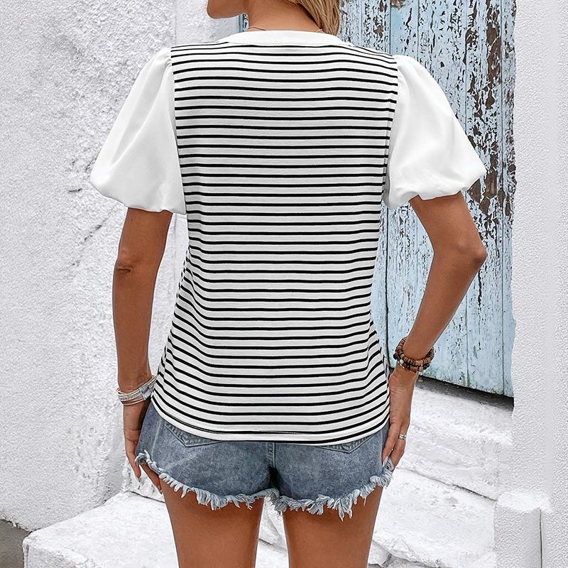 Women's Summer New Splicing Bubble Sleeve Top Small Lapel Casual Striped T-Shirt
