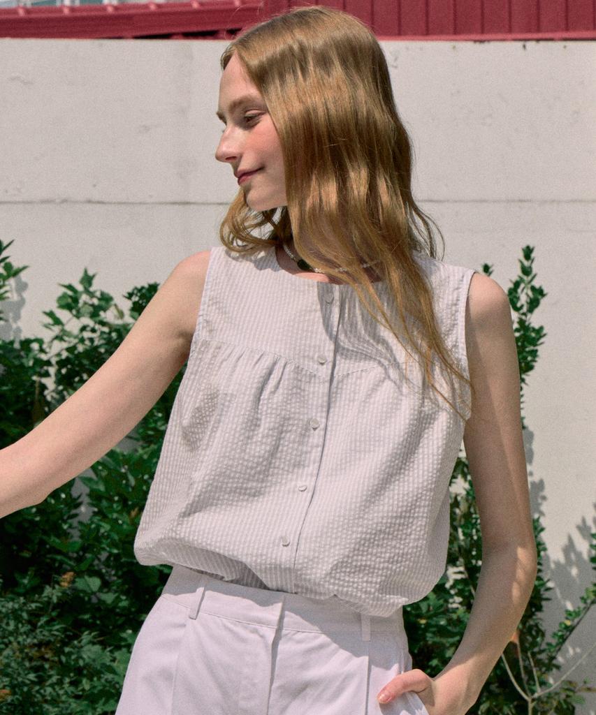 NONLOCAL Julia Shirring Sleeveless Blouse - Light Blue