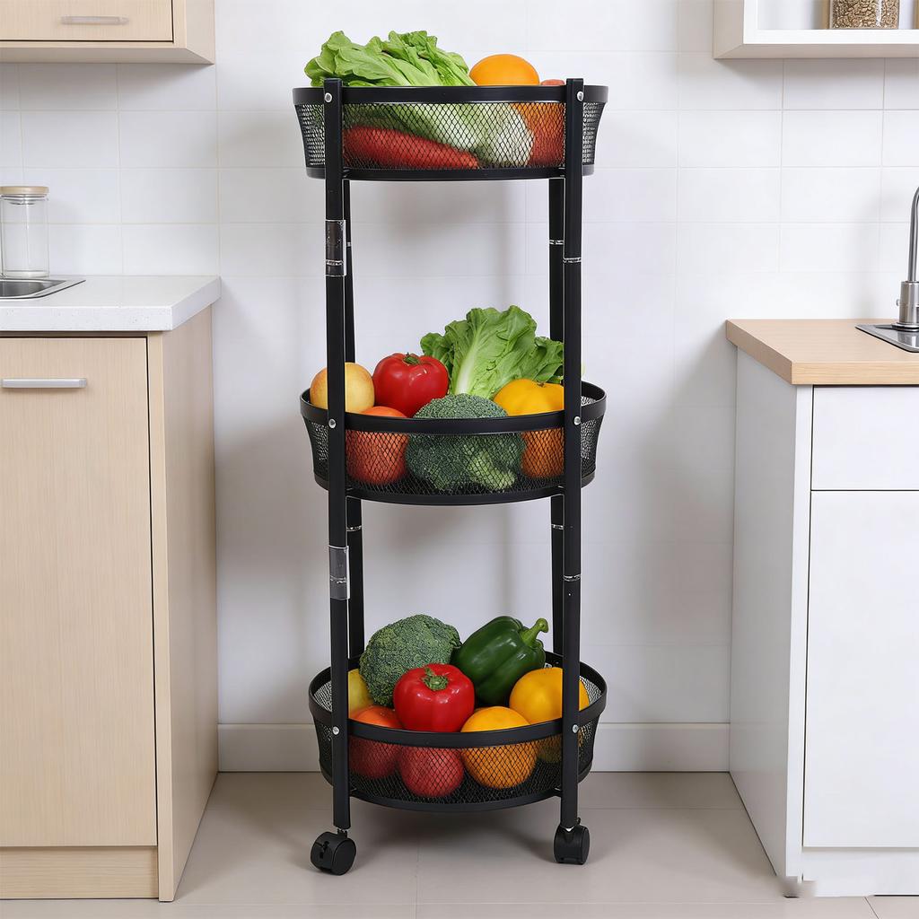 Carrito de Servicio Metálico Giratorio de 3 Niveles Multifuncional Plegable Redondo de Almacenamiento Carrito para Cocina