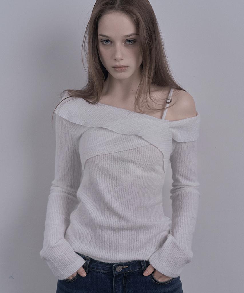 DAMIO Ruffle Draped Off Shoulder Knit Top (White)