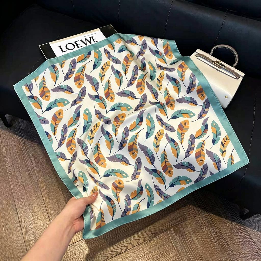 Sen green flower print fresh imitation silk scarf premium versatile square scarf neck protection scarf trendy headscarf scarf women