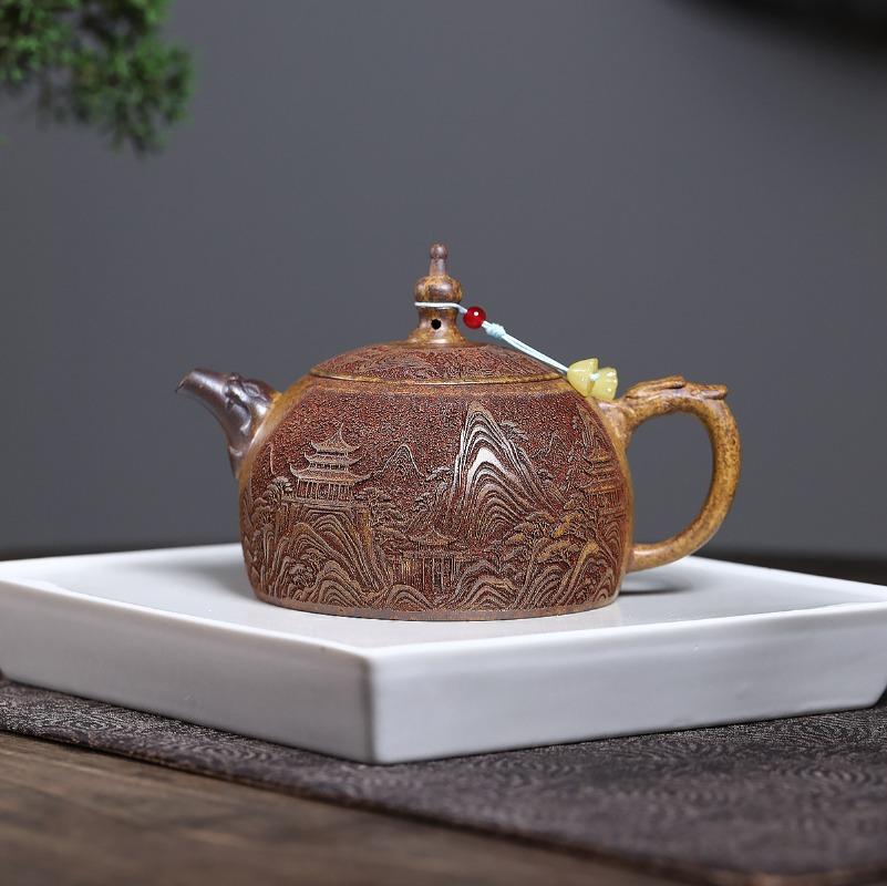 Handmade Purple Clay Teapot Household Beauty Tea Pot Hand-carved Landscape Kettle Chinese Zisha Tea Set Gifts 330ml