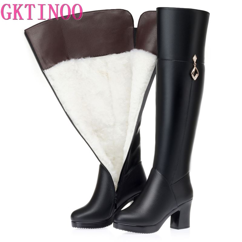 Fashion GKTINOO Women's Over The Knee Boots Natural Wool Genuine Leather Women Winter Boots Warm High-heel Women Motorcycle Boots