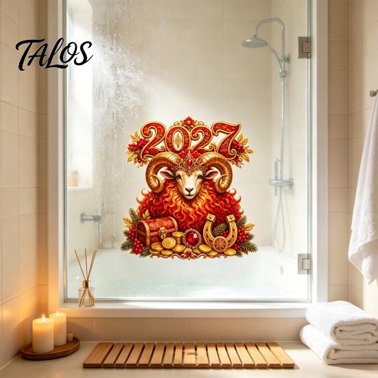 Seasonal Glass Window Ornament 2027 New Year Cling, Red And Gold Zodiac Sheep Static Decals for Doors, Non-adhesive Reusable Sticker Home Office Shop