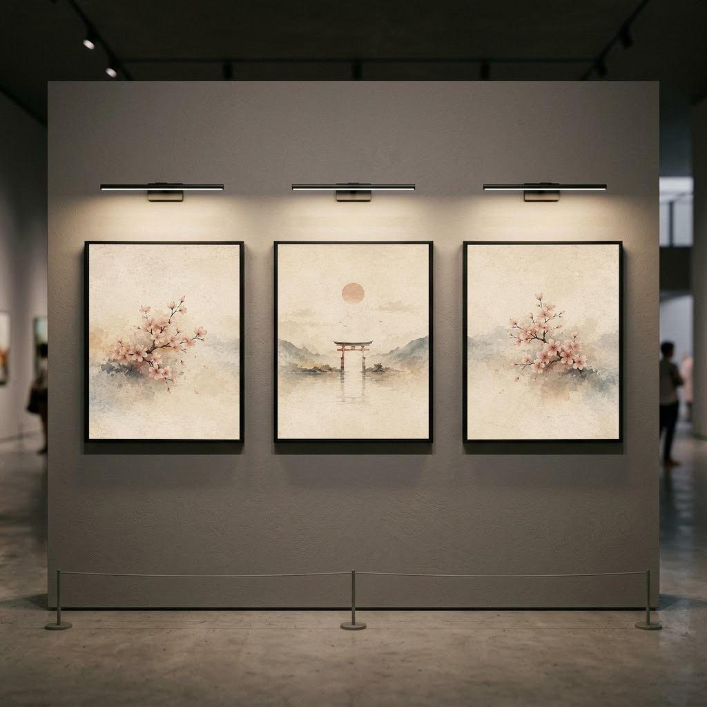 3 Stück Japandi Wabi Sabi Wandkunst, Sanfte Aquarell Kirschblüte Torii-Tor Berg Leinwanddrucke, Gedämpftes Östliches Landschaftsposter