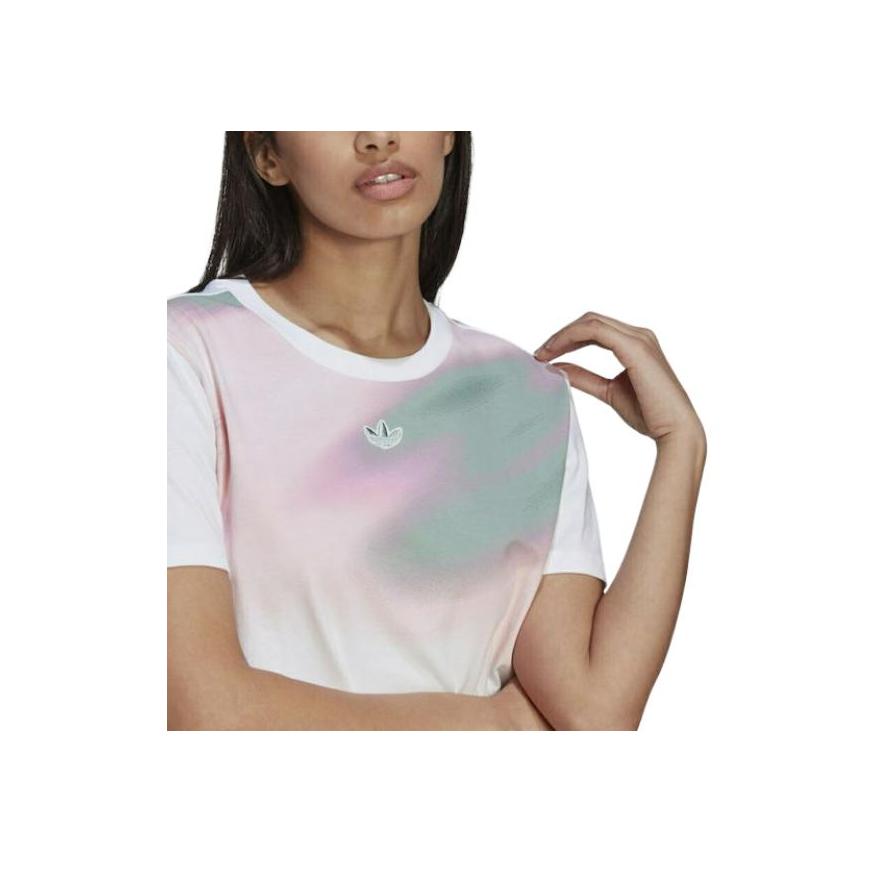 Adidas Originals Logo Embroidered Tie-Dye Print Round Neck Short Sleeve T-Shirt Women T-Shirts White GN3261