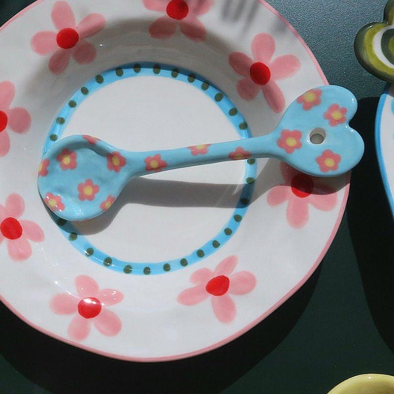 Deulkkot Ceramic Pink Flower Blue Heart Spoon