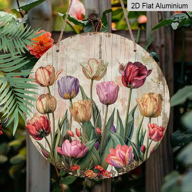 

2D Flat Aluminum Wall Art in A Vibrant Tulip Design, Rustic Style, 7.87 Inches X 7.87 Inches. Perfect for Homes, Studios, Cafes, Gardens, Front 1pc