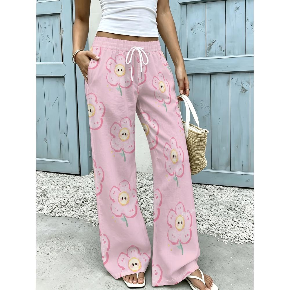 Soft Cute Cartoon Smiling Flower Fashion Pants, Girly Style, Women's Large Size Sports Trousers