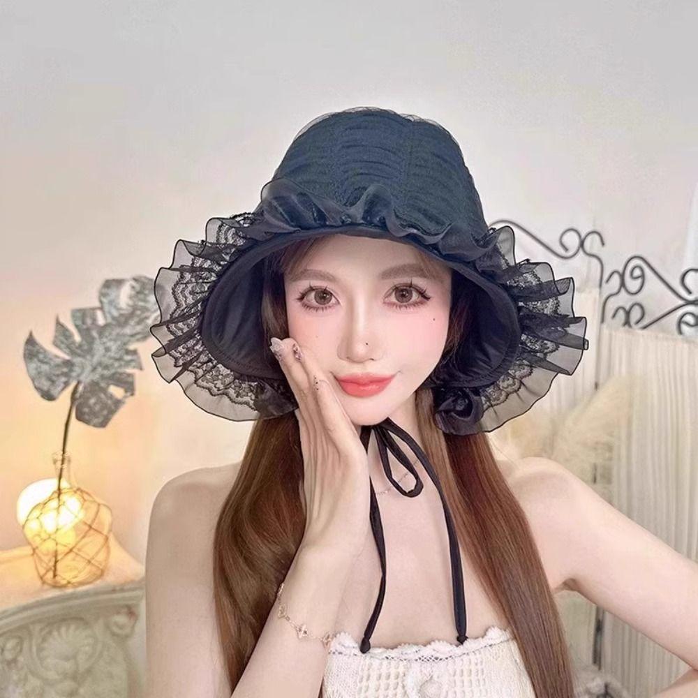 White Lace Bucket Hat Summer Visor Basin Cap Ins Fisherman Hat  Outdoor