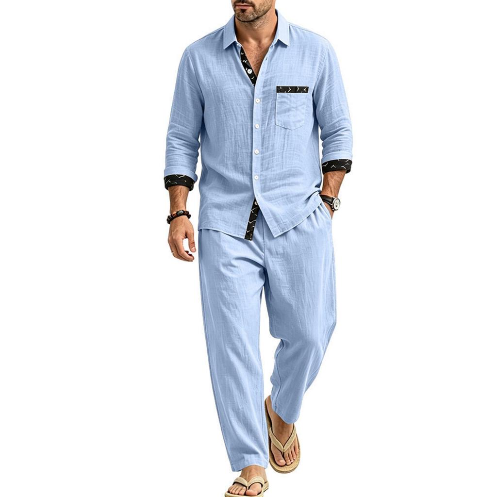 Men's Linen 2-Piece Outfit Lightweight Breathable Color Block Shirt and Straight Leg Pants Loose Fit Casual Set