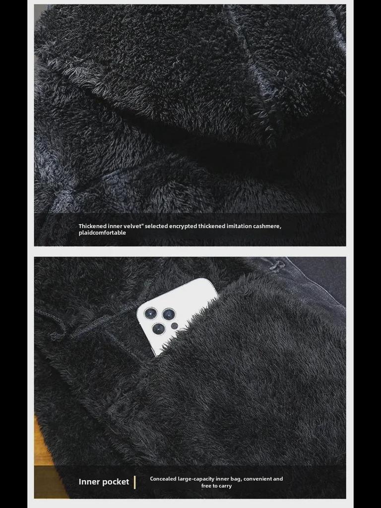 Men's Thick Warm Hooded Denim Jacket with Imitation Lambskin