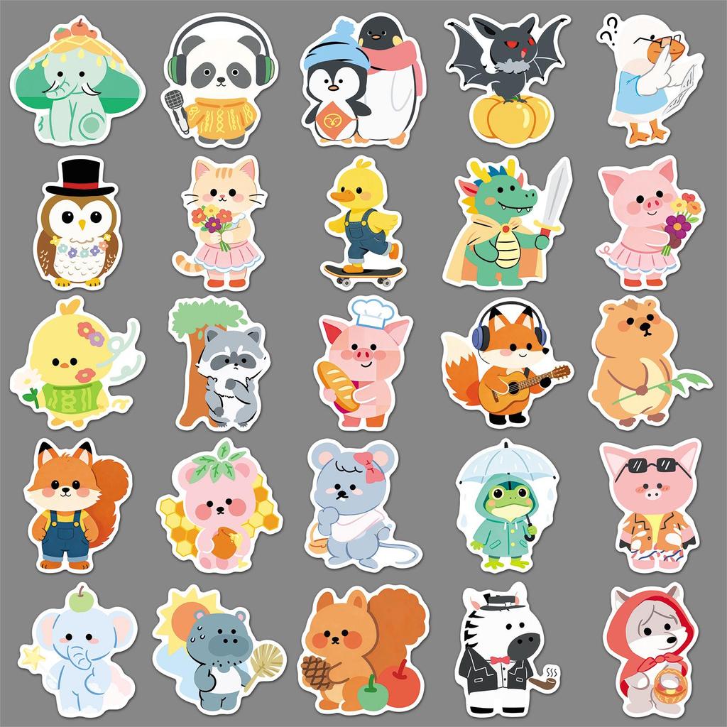 50 Cute Animal Stickers: Hand-Painted, Waterproof Cartoon Decorations for Phone and Thermos