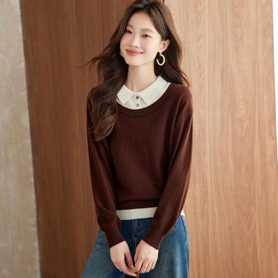 Srcr Women's Faux Two-Piece 100% Wool Contrast Collar Sweater
