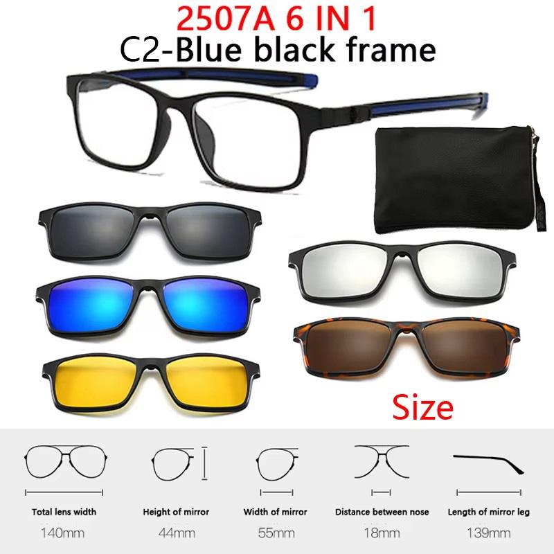 6 In 1 Spectacle Frame With 5 PCS Clip On Black Polarized Sunglasses Magnetic Telescopic Leg Glasses Male Computer Optical