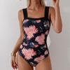 Womens Swimsuit Square Neck Wide Strap Swimwear Floral Print Bodysuit Tummy Control Bathing Suit