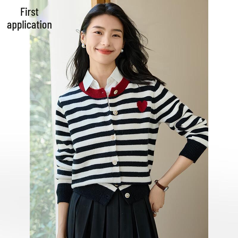 Women's Striped Heart Embroidery Knit Cardigan