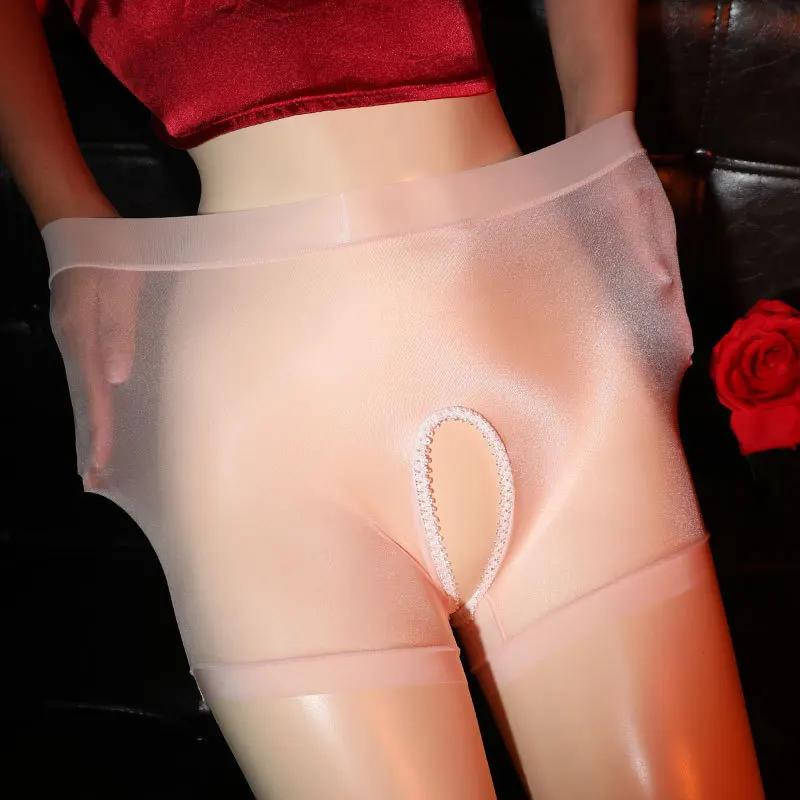 Open Crotch Underwear For Sex Women Stretch Oil Shiny Hollow Out Underpant Glossy Panties Erotic Lingerie Transparent Boyshort