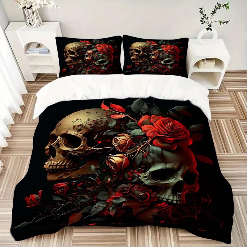 3pcs Skulls In Bloom Bedding Set, Including 1 Quilt Cover and 2 Pillow Shams, Without Filling,