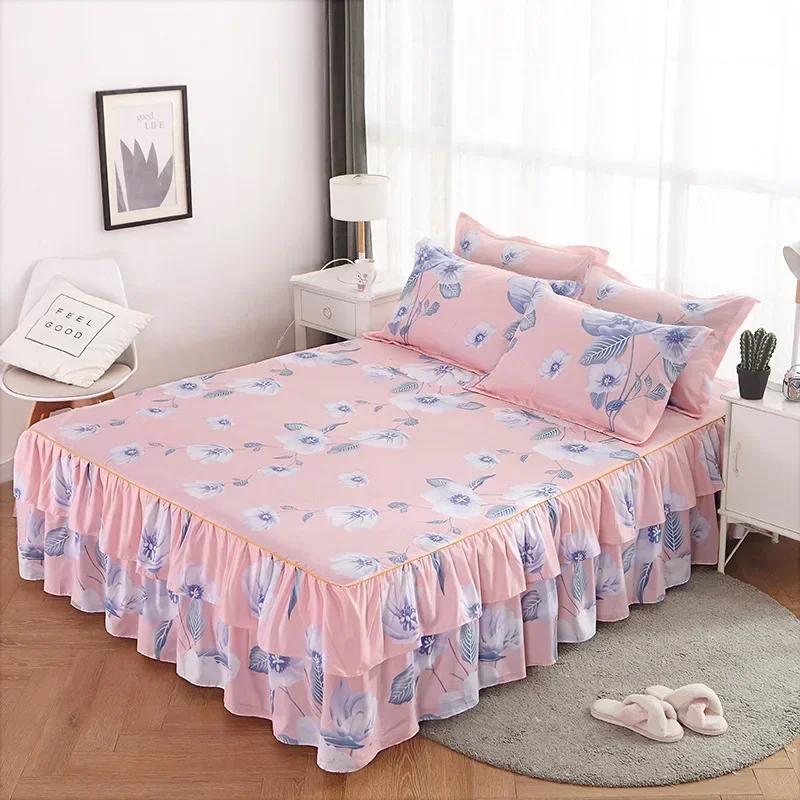 1PC Bed Skirt Cartoon Style Bed Cover Ruffled Bedsheet Falda De Cama Quilted Mattress Covers Lace Bedspread (No Pillowcase)