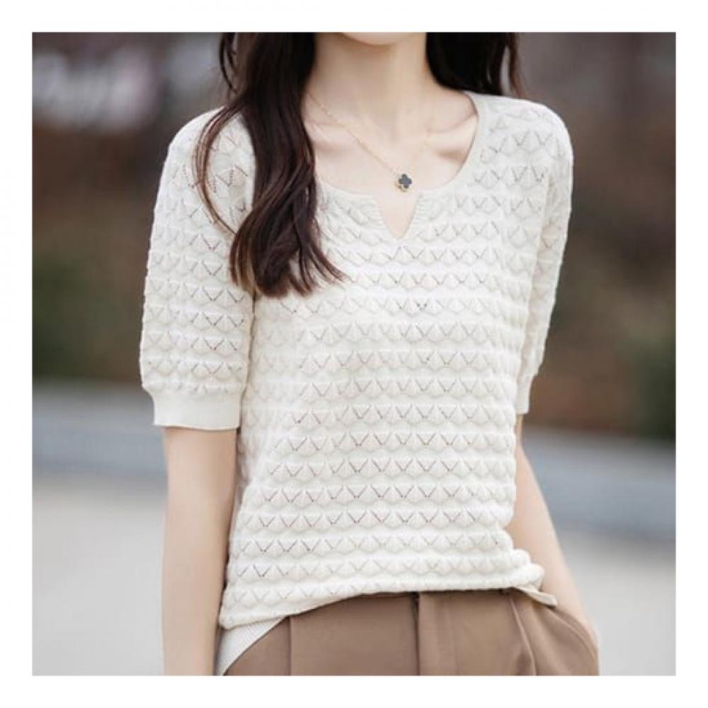 Navava Simple Daily Punching Trim Neck Short Sleeve Knit Tee Nk2020