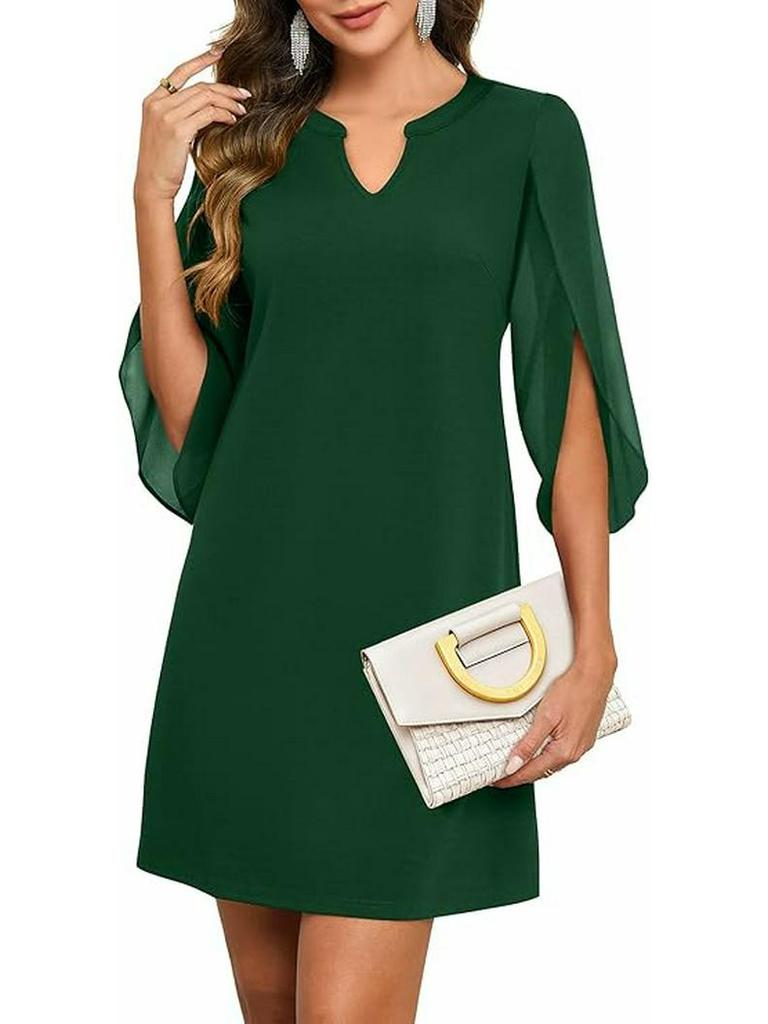 Europa und Amerika Unregelmäßiger Ärmel Einfarbige Chiffon Mittellanges Vielseitiges Freizeitkleid für Damen.