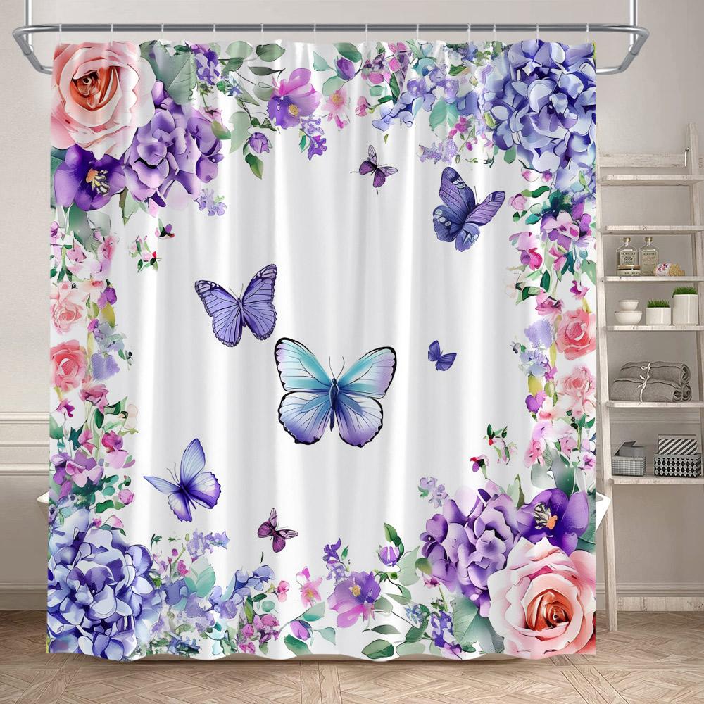 Floral Butterflies Shower Curtains Pink Blue Rustic Flowers Butterfly Plant Polyester Fabric Home Bathroom Curtain Bathtub Decor