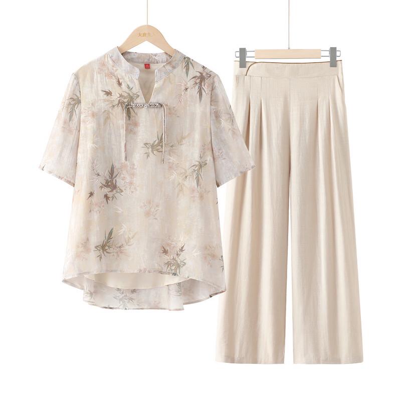 Elegant Mid-Aged Women s Ancient Style Five-Sleeve Shirt Set 3XL