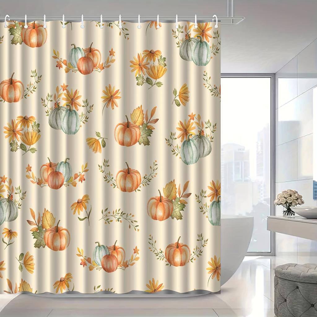 Autumn Pumpkin & Maple Leaf Shower Curtain, Elegant & Fog-Proof, Washable Polyester, Hooks Included, Vibrant Fall Pattern