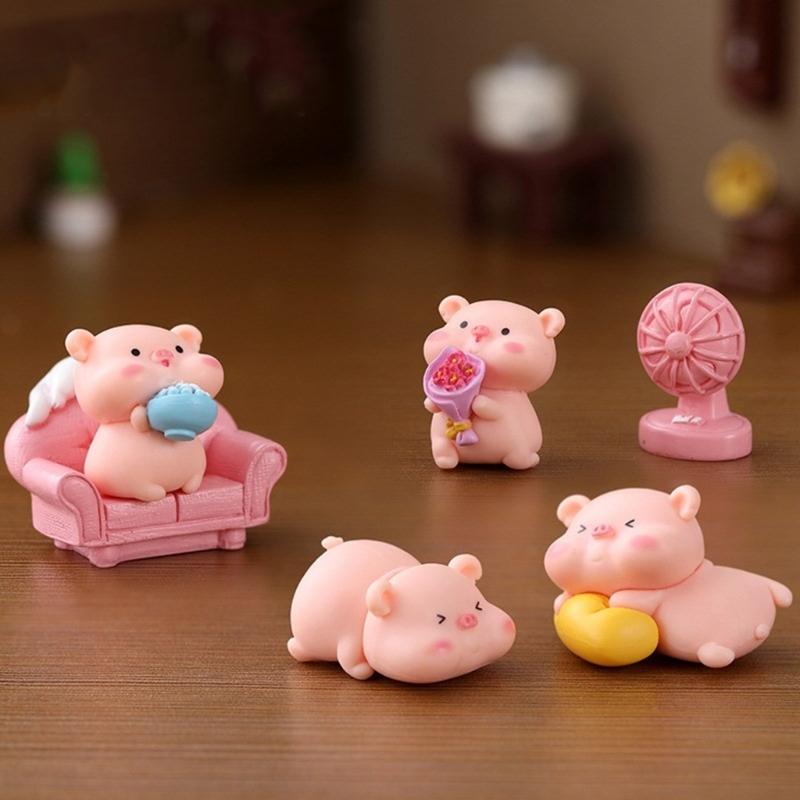 6Pieces Pink Pig Dolls Cartoon Animal Miniature Figurines for Car Rear View Mirror and Home Office Desktop Shelf Decors
