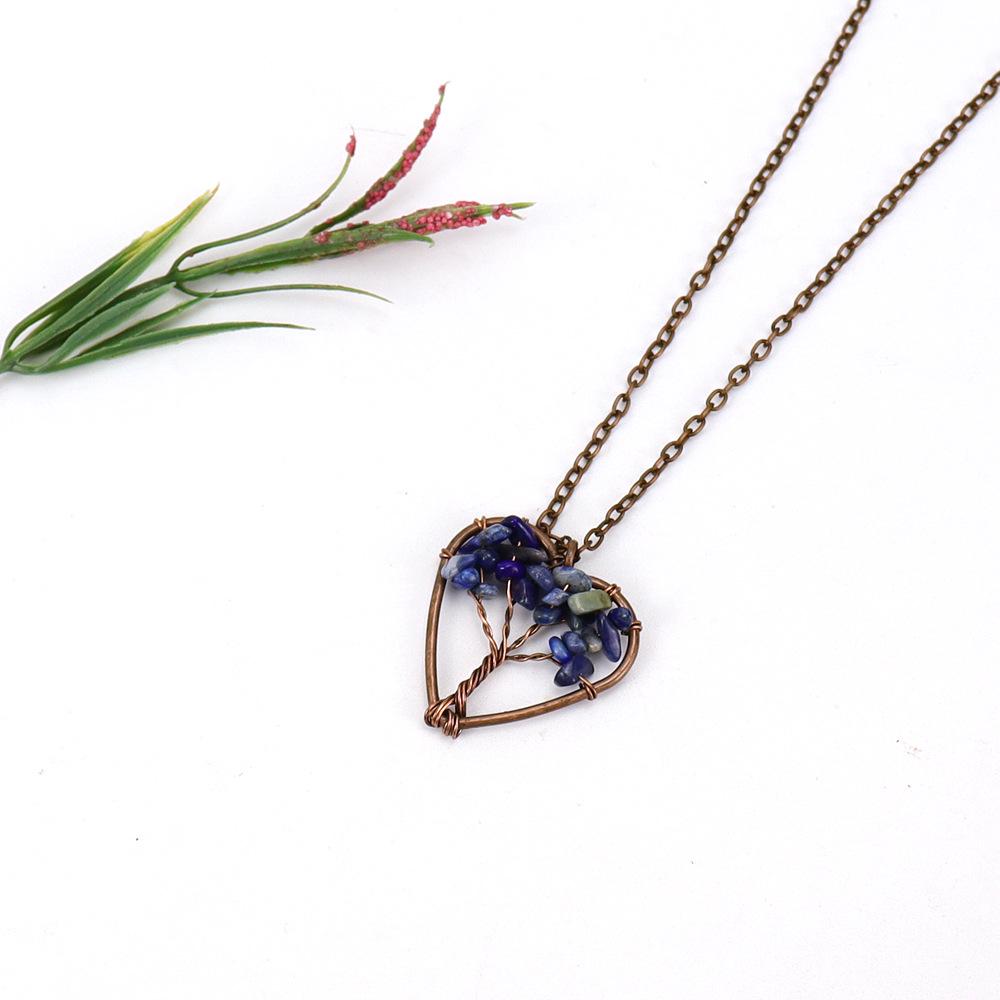 Retro Handmade Wire-Wrapped Natural Stone Crystal Heart Tree of Life Necklace (N142)
